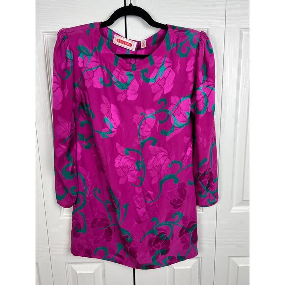 Vintage 80s John Yang Pink Silk Satin Floral Long Sleeve Shift Mini Dress Size 4 - Picture 6 of 7